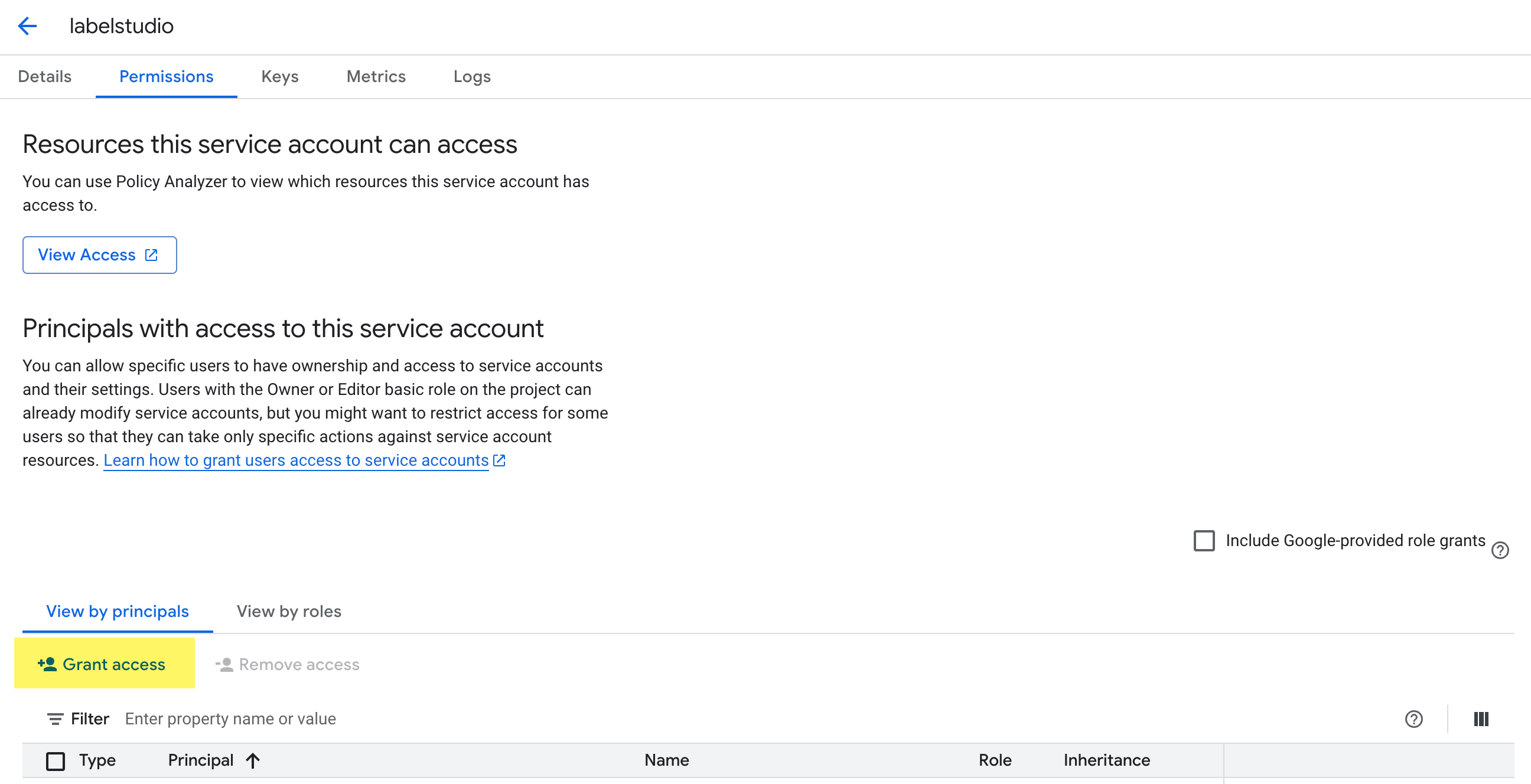 Screenshot of grant access button